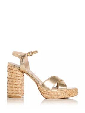 New Stuart Weitzman Dayna Metallic Leather Raffia Platform Sandal Sz 8.5